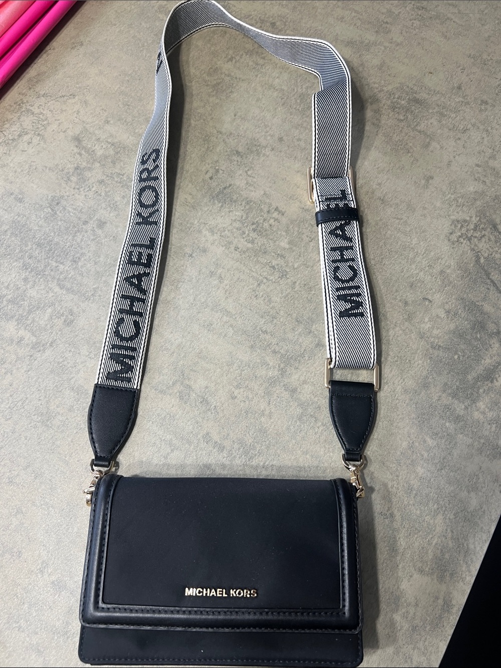 Michael Kors Black Leather Messenger Bag with Branded Strap